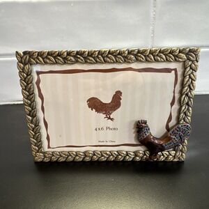Vintage Elsa Jeweled Rooster Decorative Gold Tone Metal  Picture Frame Farmhouse